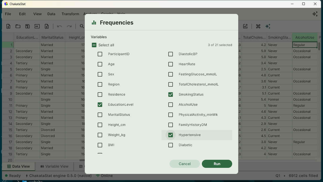 The Frequencies dialog in ChakataStat with three variables selected, ready to run