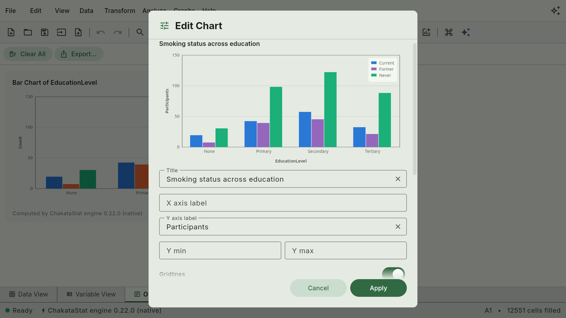ChakataStat's chart editor open over a clustered bar chart: a live preview with a retitled chart and a recoloured series, above title, legend, stacking and colour controls