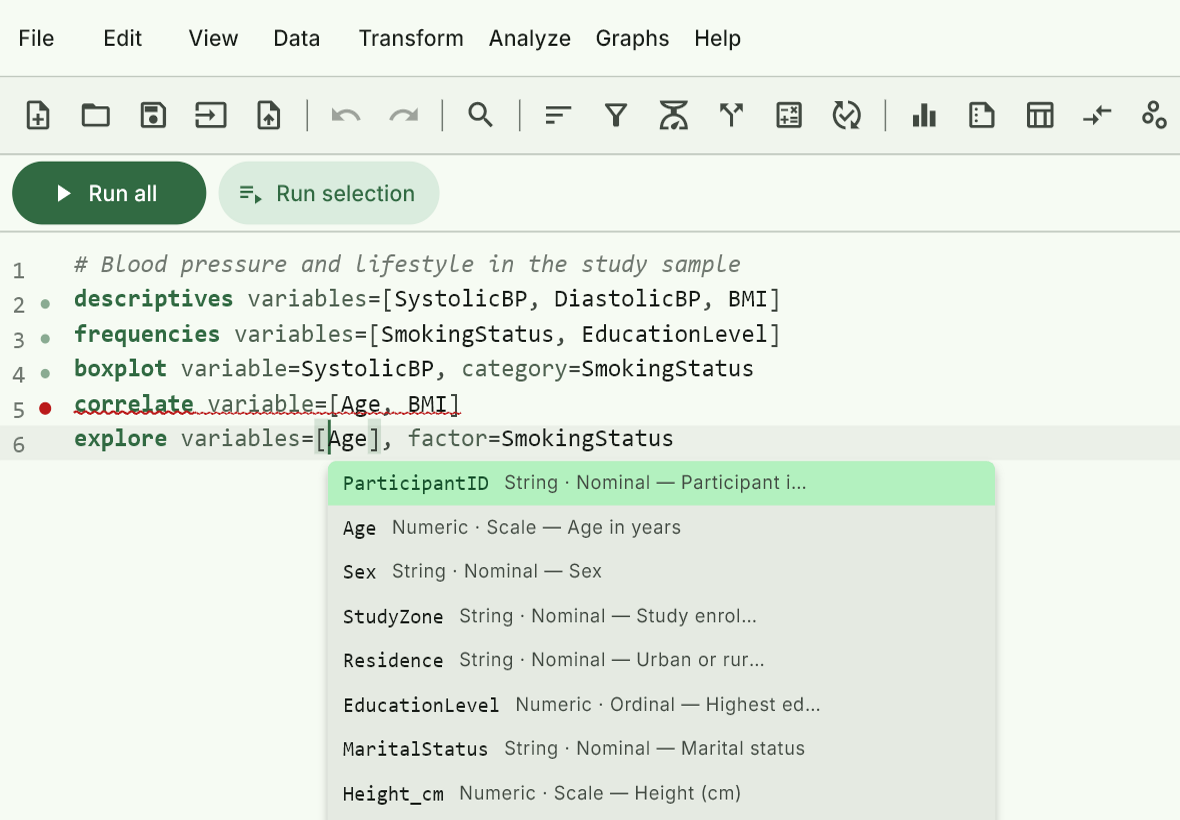 The syntax editor with six commands, line numbers and a completion list of the dataset's variables