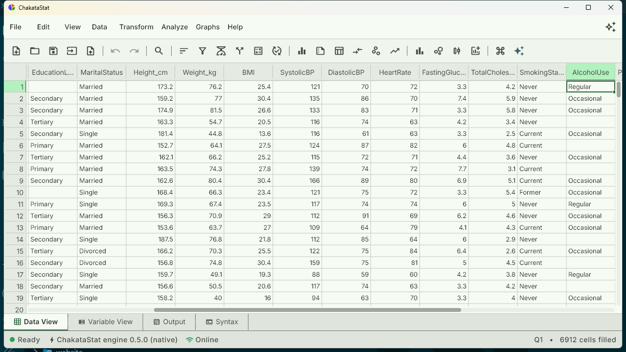 ChakataStat's data editor showing a loaded health-study dataset with numeric and categorical columns