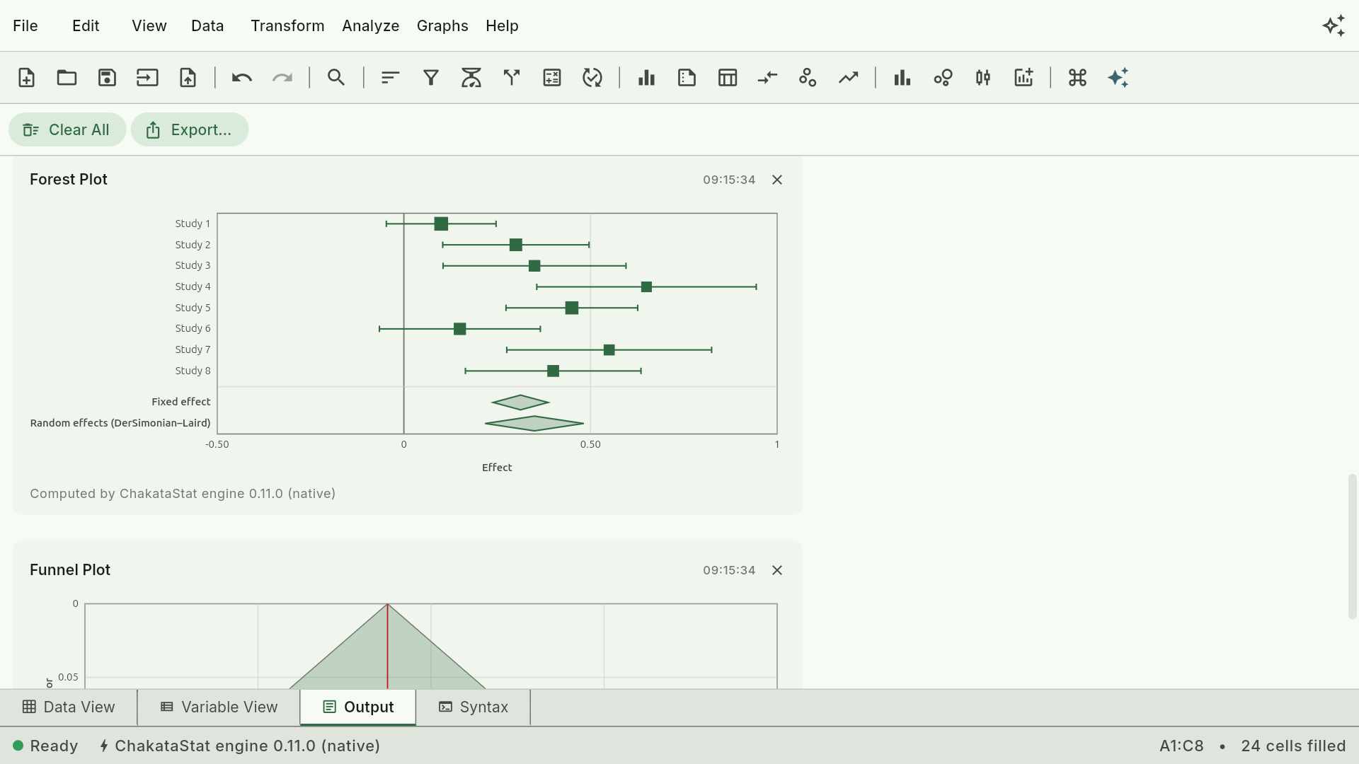A meta-analysis forest plot in ChakataStat: eight studies with confidence intervals and the pooled fixed- and random-effects diamonds