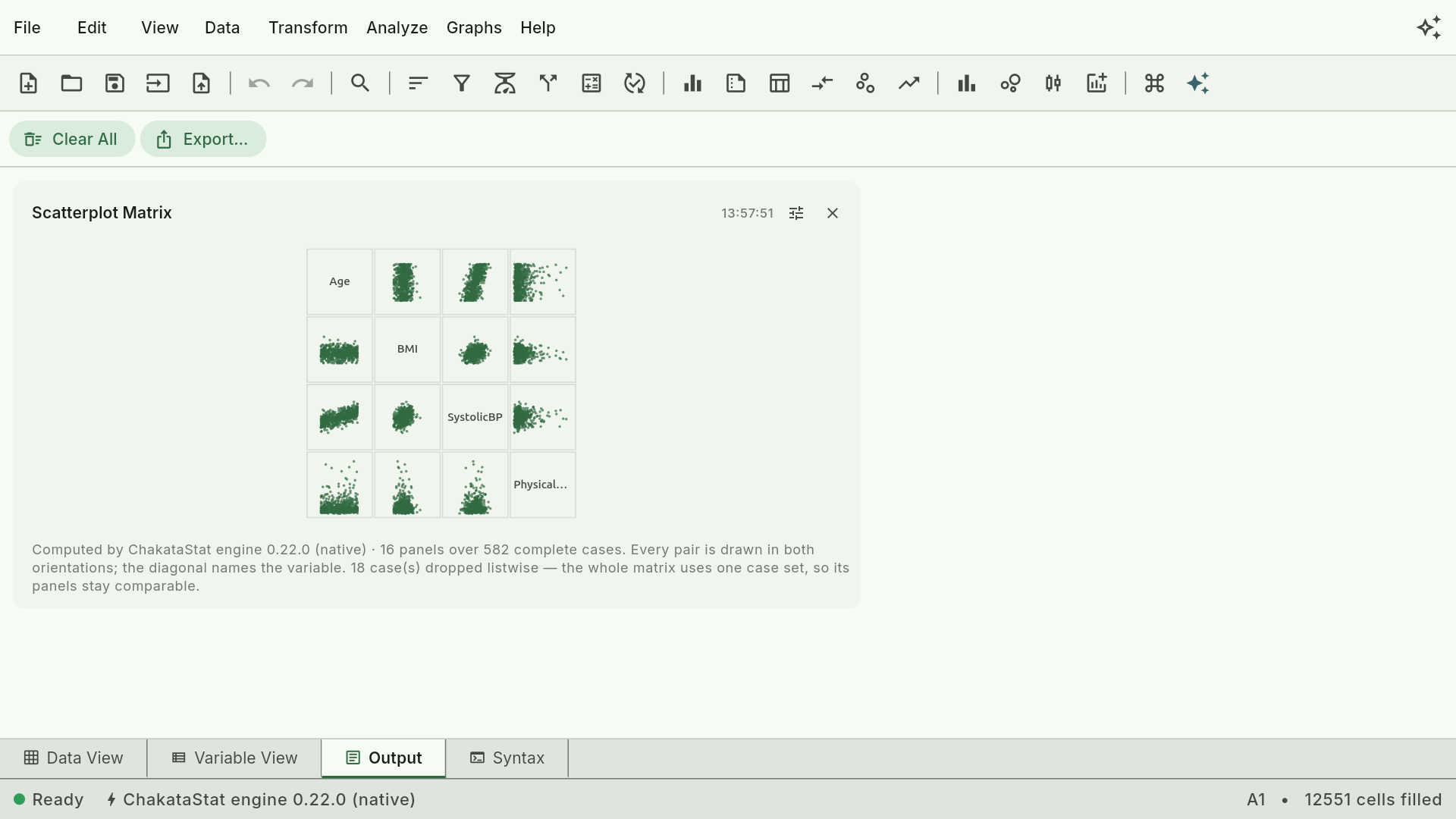 A scatterplot matrix in ChakataStat: a grid of square panels, one scatterplot for every pair of numeric variables, variable names on the diagonal