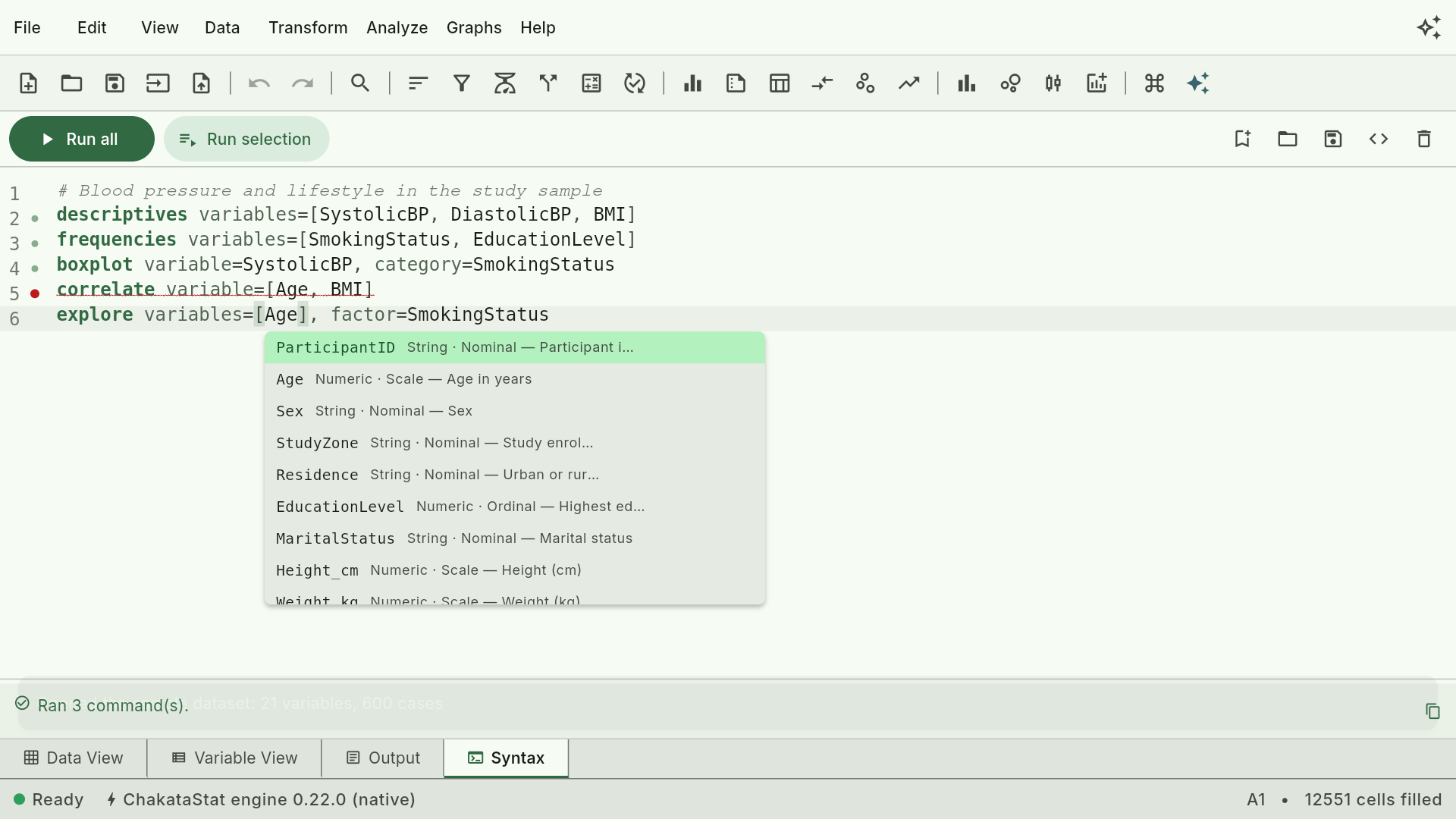The ChakataStat syntax editor: a highlighted script with line numbers, run-state dots in the gutter, a wavy underline under a mistyped argument, and the completion overlay listing the dataset's variables