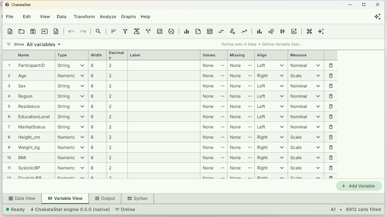 ChakataStat's Variable View showing column metadata: type, width, label, values, missing and measure